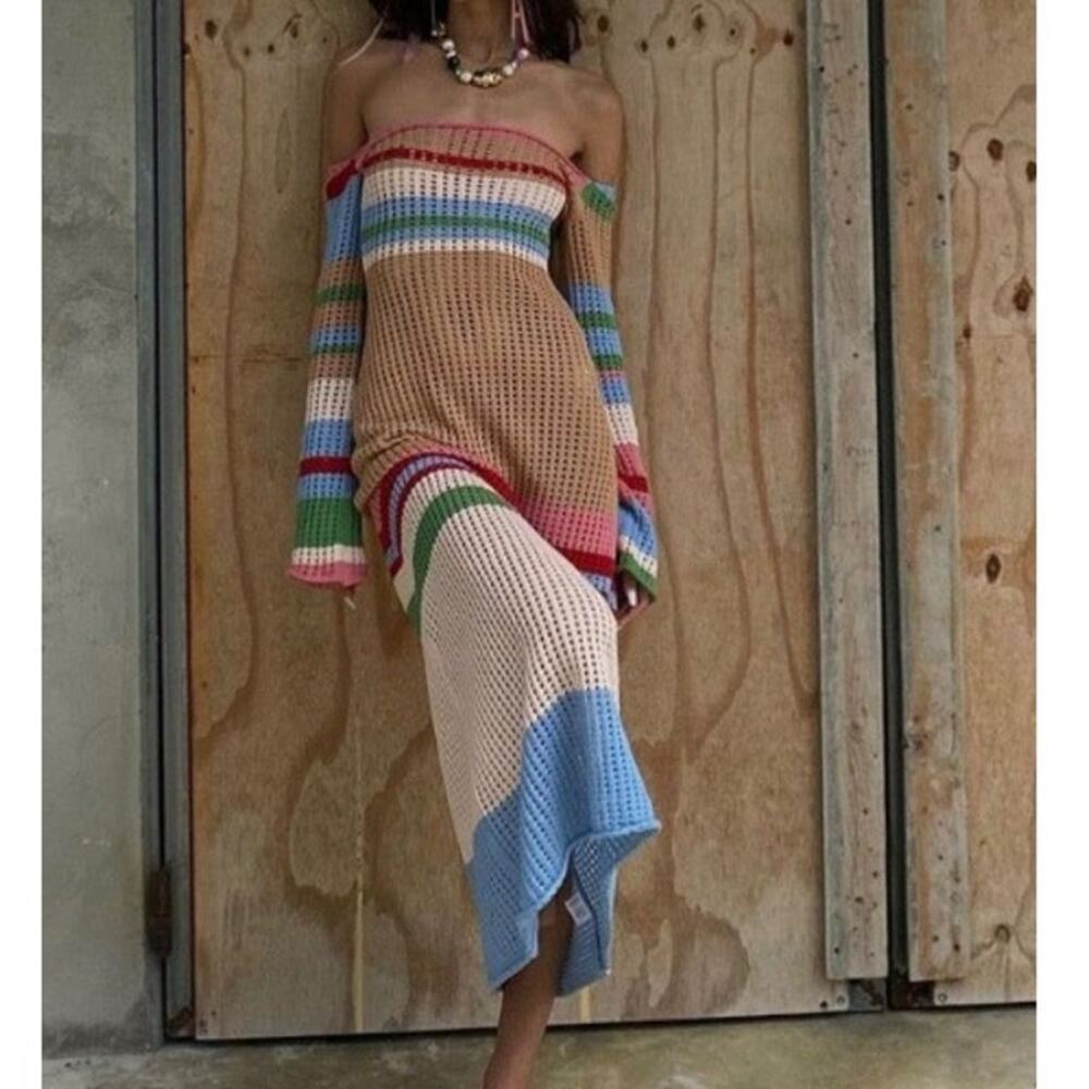 VRG GRL Work of Art Crochet Multi Stripe Maxi Dress Size 8